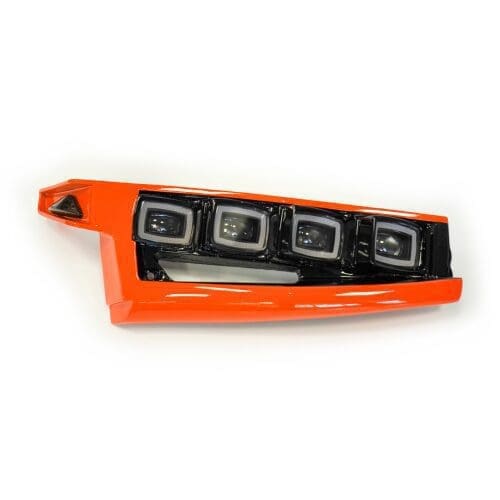 Orange and black car headlight assembly with four lenses.