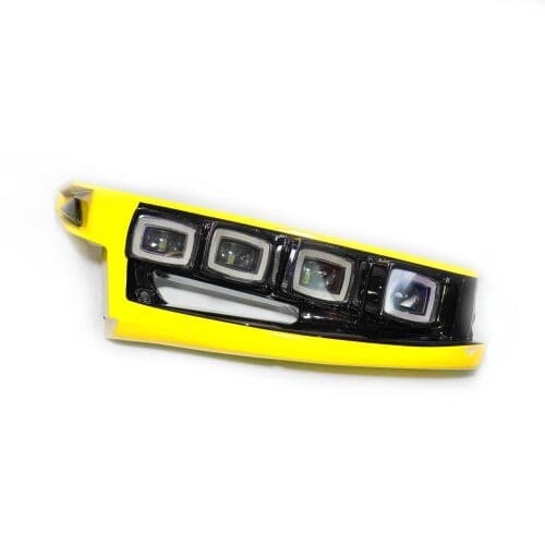 Yellow and black device with four square lenses, possibly a sensor or camera module.