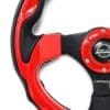 Close-up of a red and black racing steering wheel with ergonomic grips.