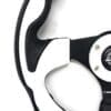 Close-up of a black and white steering wheel with a logo in the center.