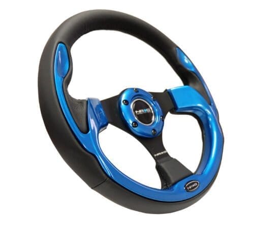 Black and blue gaming steering wheel controller.