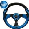 Blue and black sports steering wheel with a sporty design.