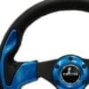 Blue and black sports car steering wheel with a central hub.
