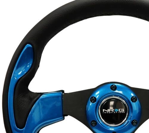 Blue and black sports car steering wheel with a central hub.
