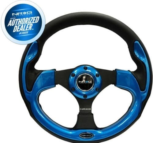 Blue and black sports steering wheel with a sporty design.