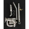 1320-rear-side-exit-exhaust_1 Shiny stainless steel exhaust components and clamps on black background.