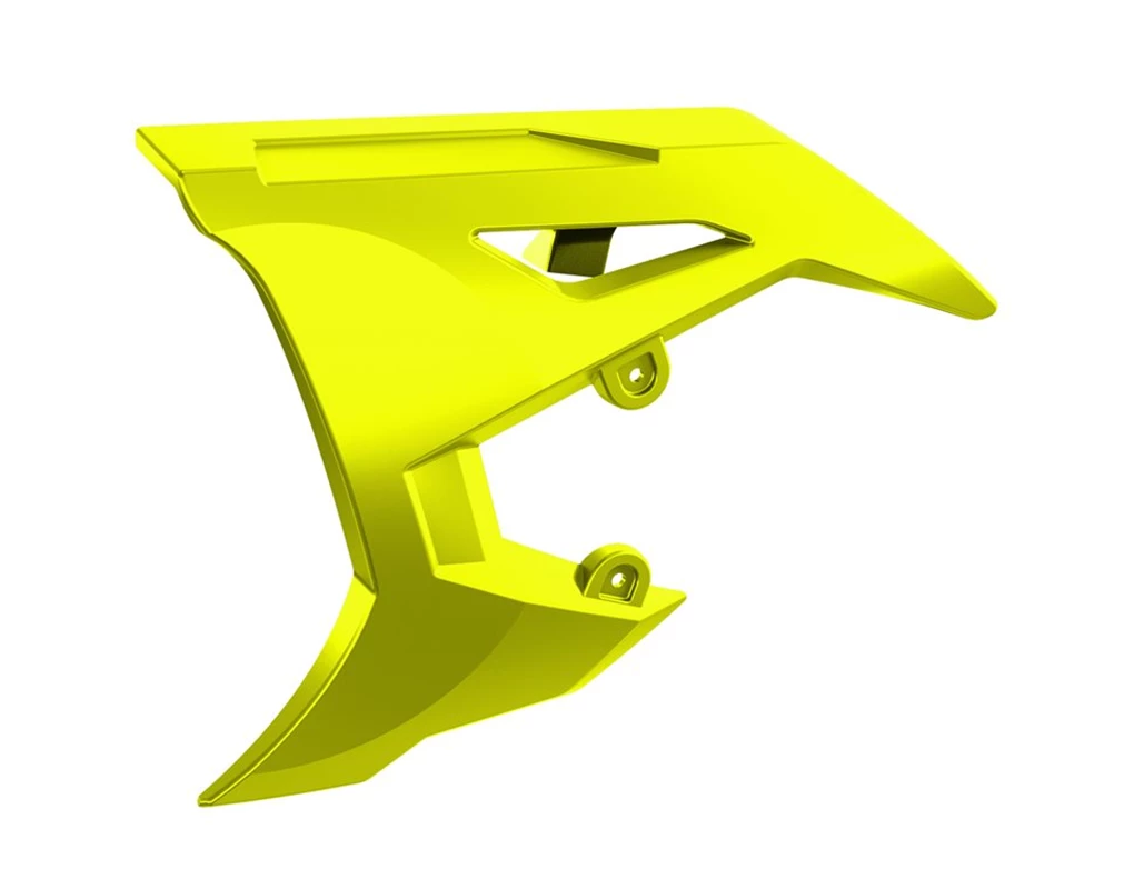 Bright yellow motorcycle fairing piece isolated on white background.