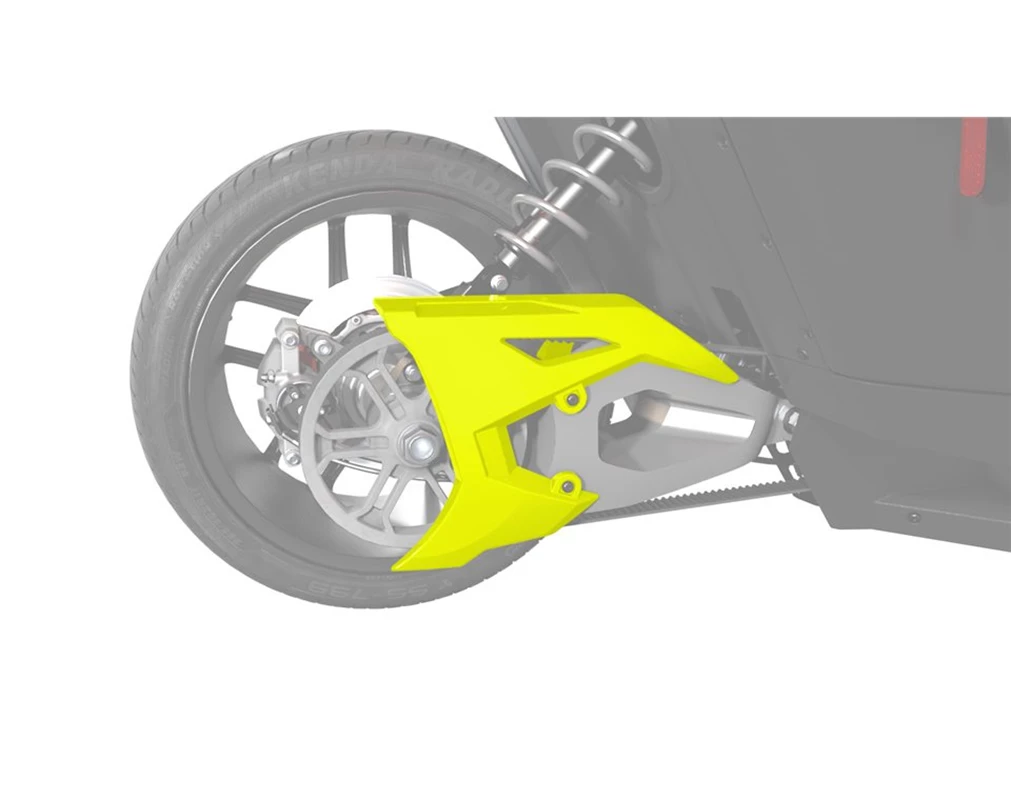 Close-up of a motorcycle's rear wheel with a yellow protective cover.