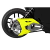 Close-up of a motorcycle's rear wheel with a yellow chain guard and suspension.
