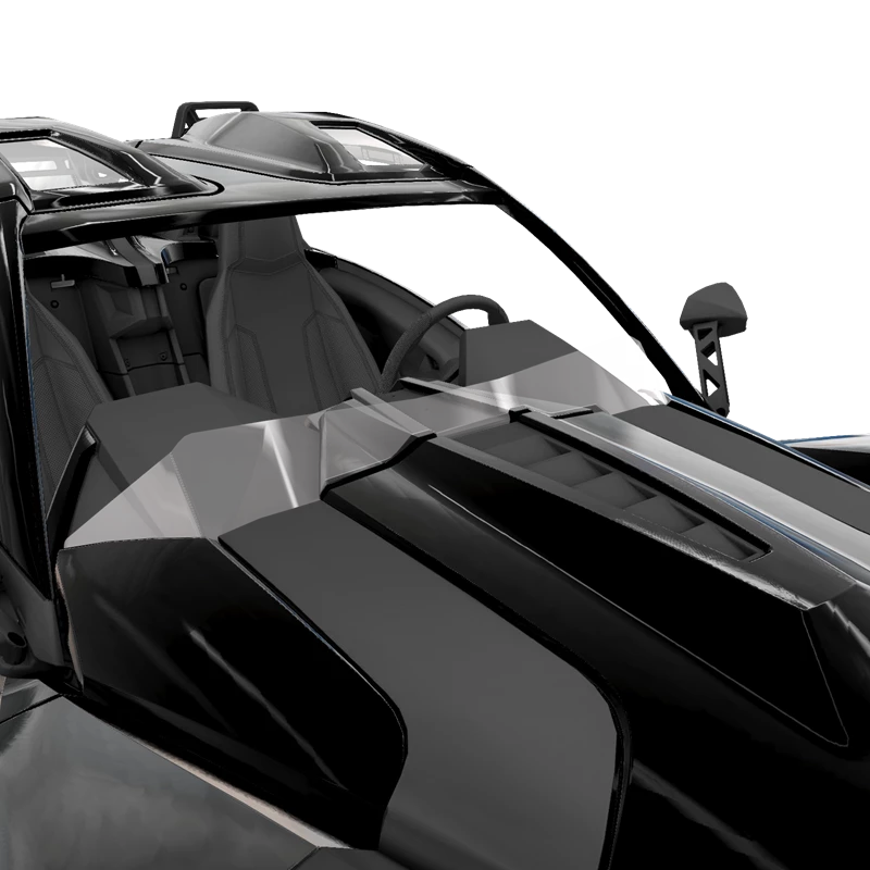 2881749 Close-up of a sleek, black sports car's front interior and windshield.
