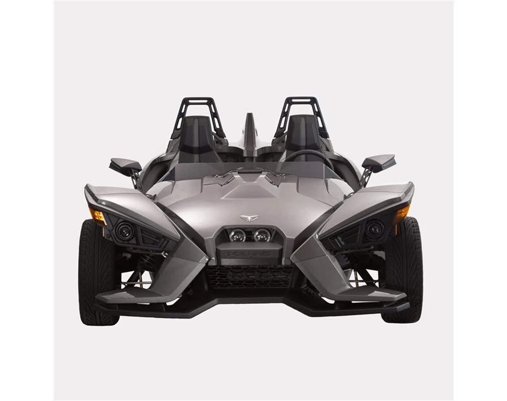 2881749_alternate1 Front view of a sleek, silver Polaris Slingshot three-wheeled vehicle.