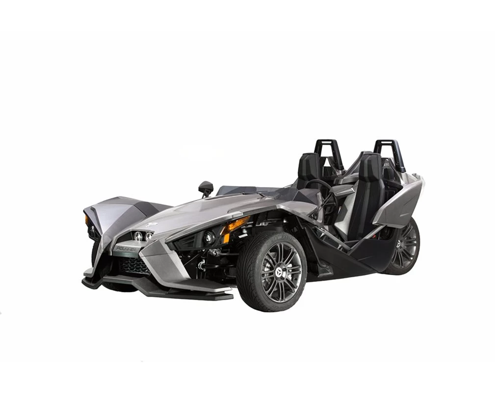 2881749_alternate2 Silver three-wheeled Polaris Slingshot with two seats and sporty design.