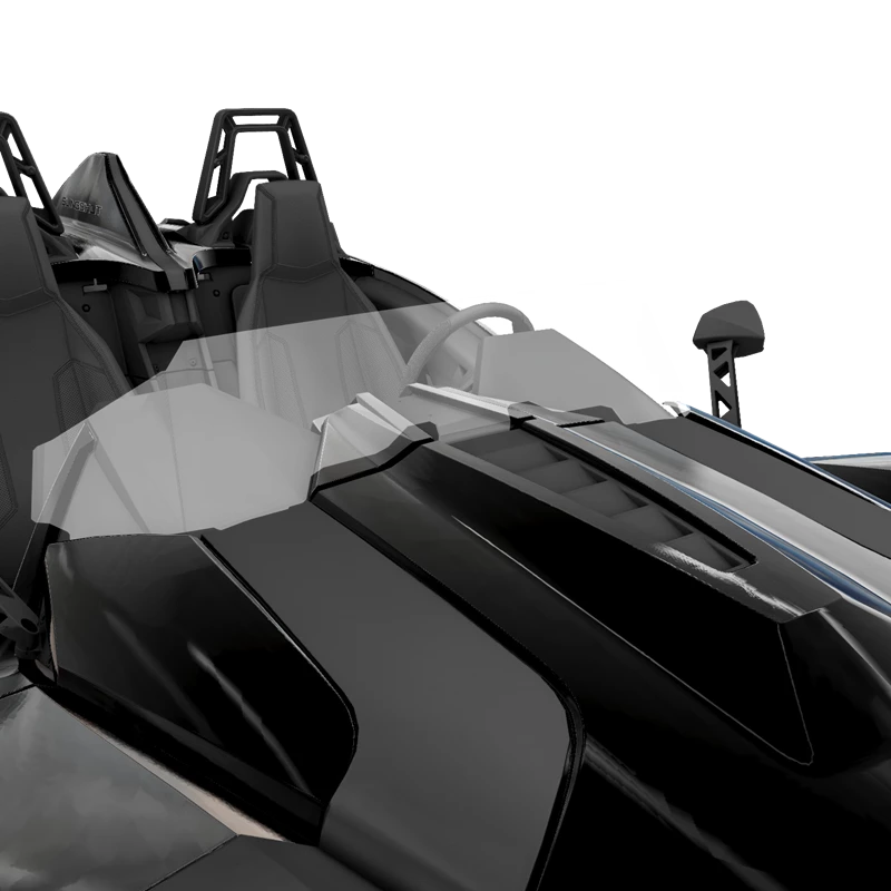 2881751-2 Close-up of a modern black sports car's front and windshield.