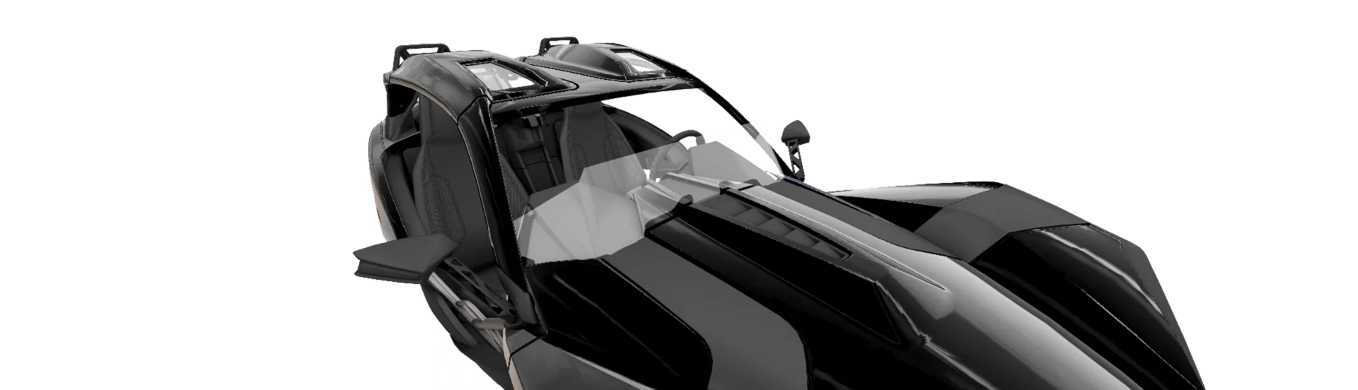 2881751 Sleek black futuristic two-seater vehicle with open cockpit and angular design.