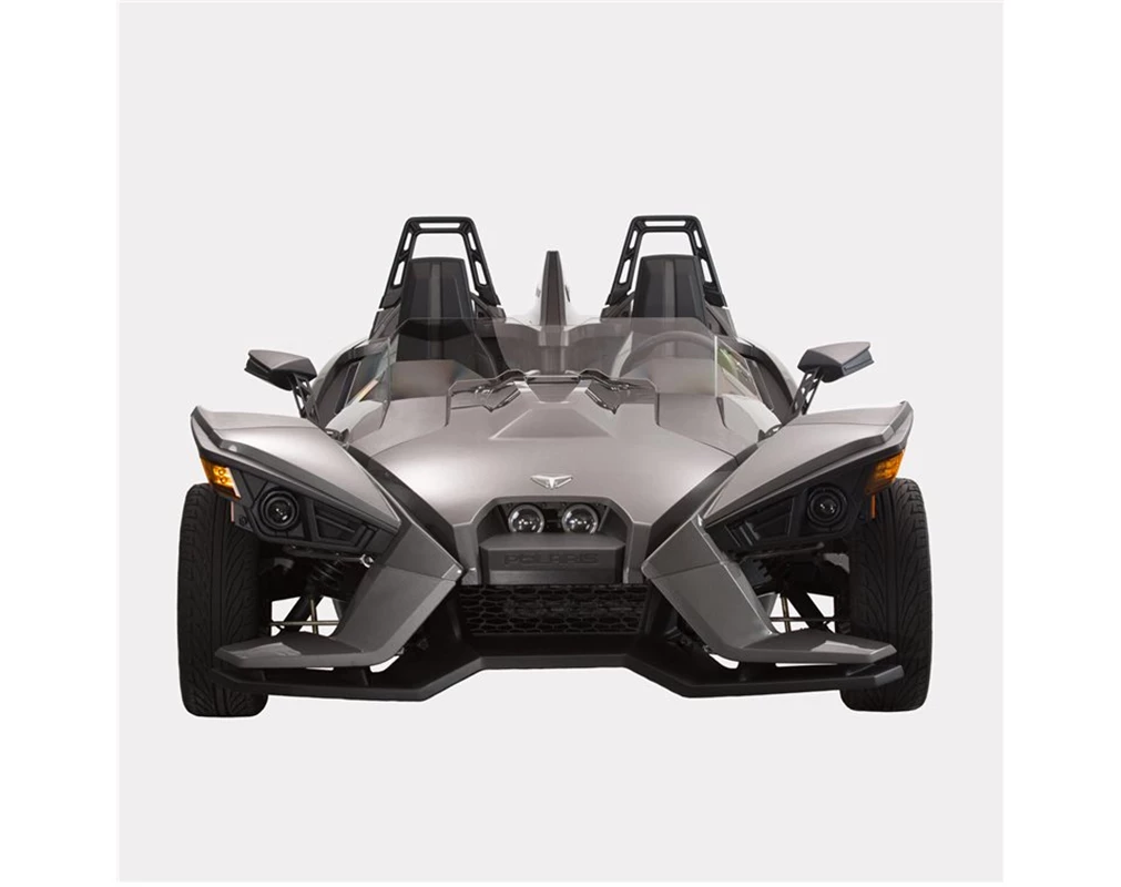 2881751_alternate1 Front view of a sleek, two-seater Polaris three-wheeled vehicle.