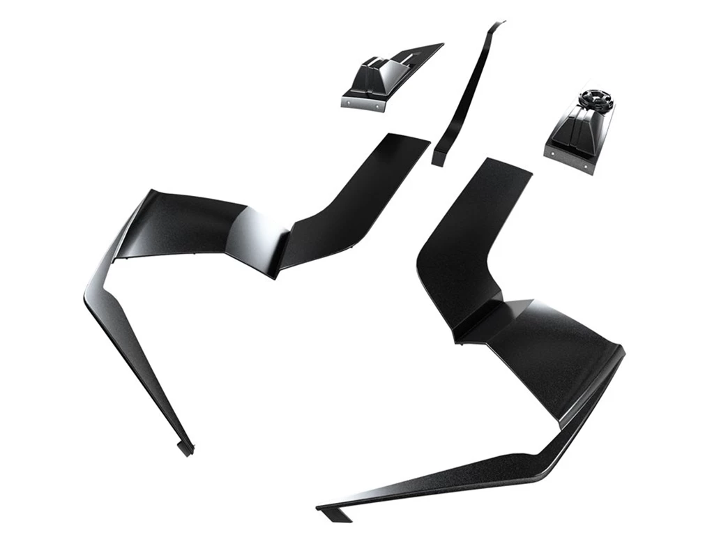 Set of black angular car body kit parts on white background.