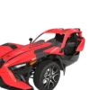 Red three-wheeled sports vehicle with an open door and sleek black accents.