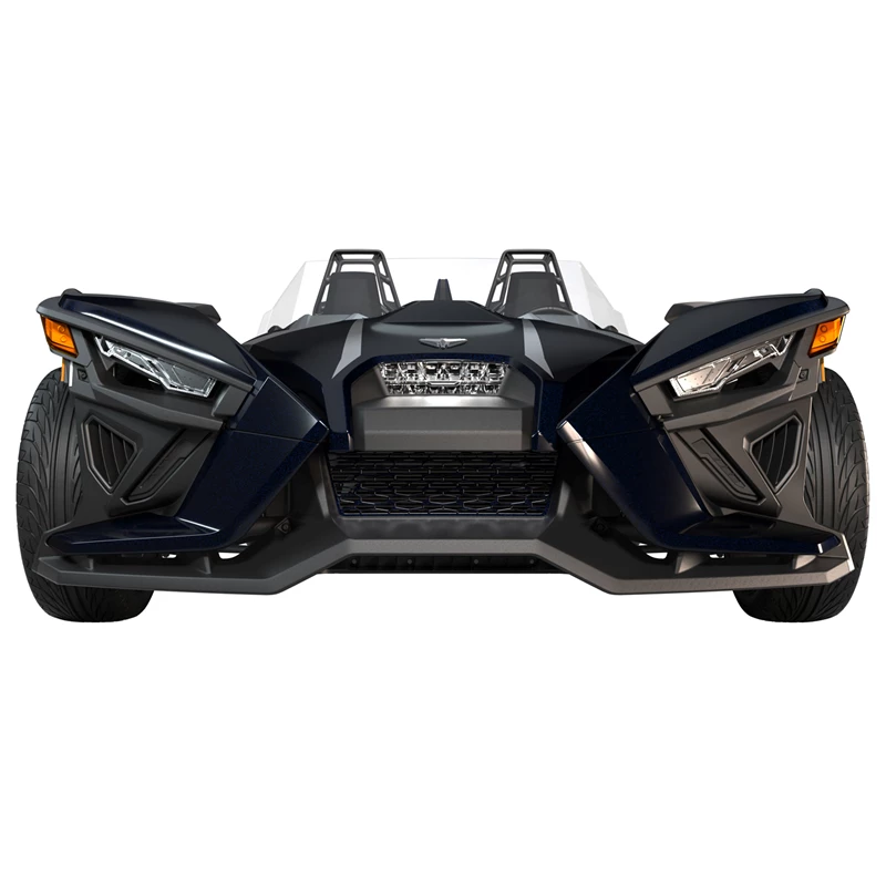 2884148-809_OM Front view of a sleek black three-wheeled Polaris Slingshot vehicle.