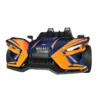 A sporty three-wheeled vehicle with an orange and blue design.