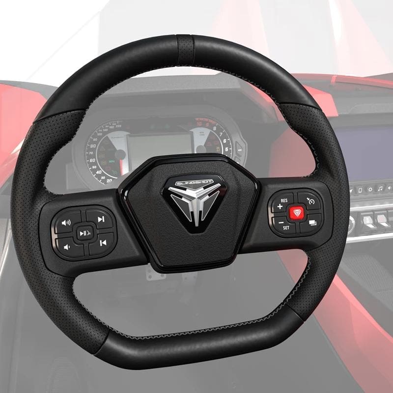 2884793 Close-up of a modern car steering wheel with control buttons.