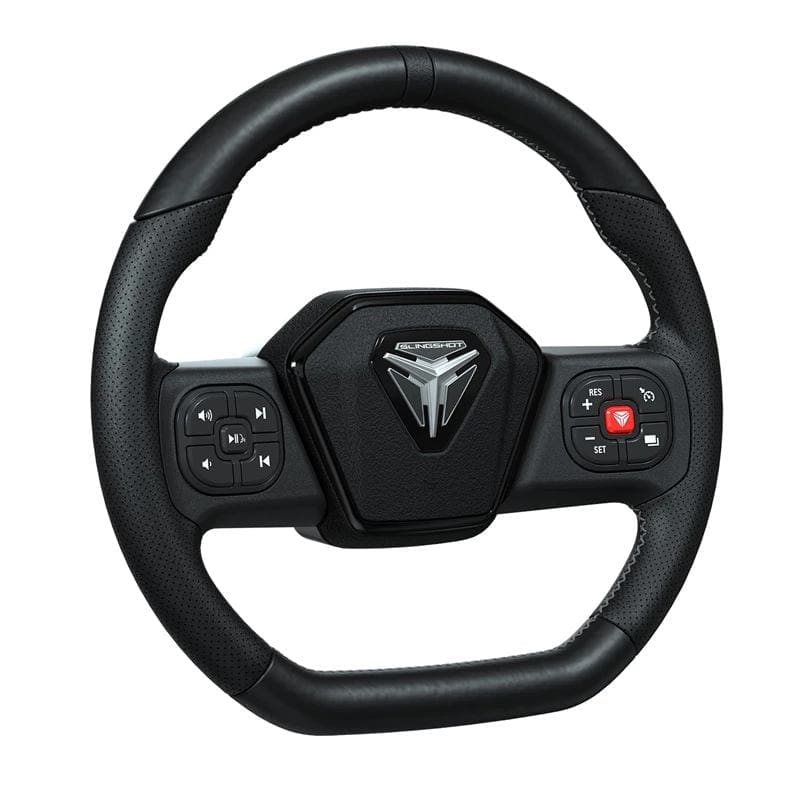 2884793_alt3 A modern gaming steering wheel with control buttons and a triangular logo.
