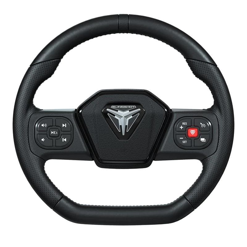 2884793_alt4 A modern car steering wheel with integrated control buttons.