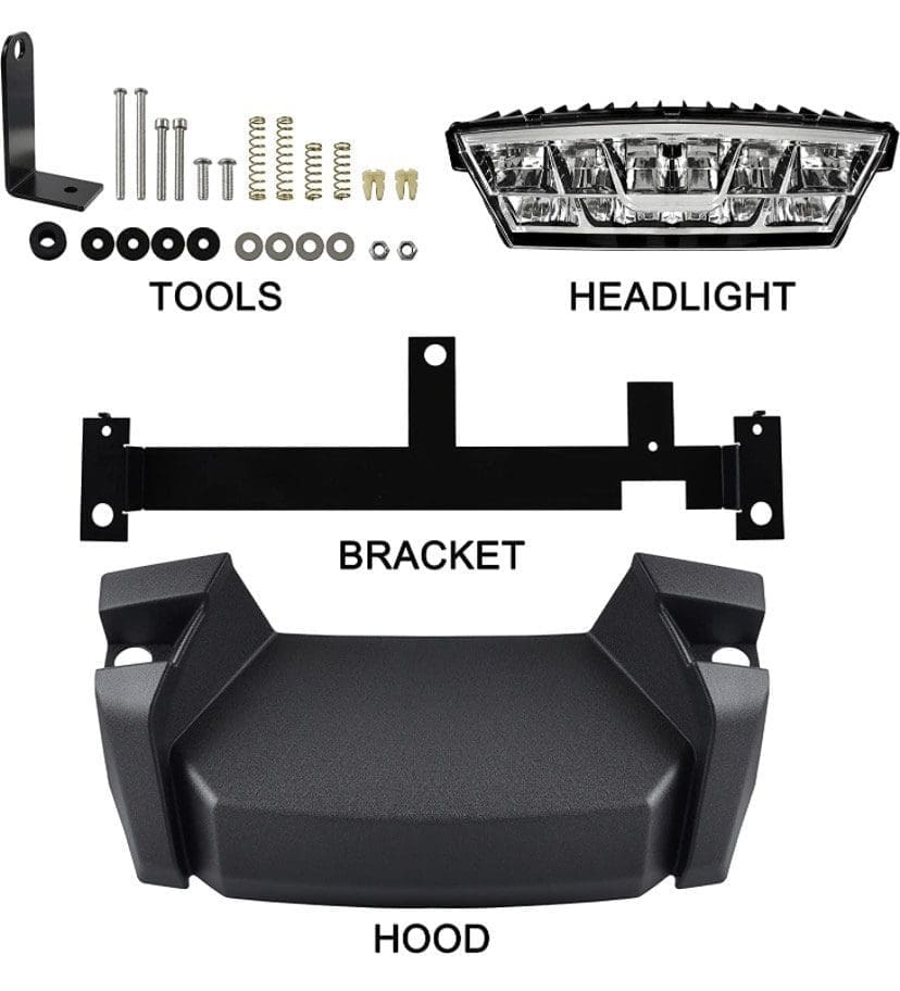 Car headlight mounting kit with bracket and tools.