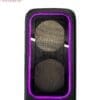 center console A speaker with a purple LED ring around its front grille.