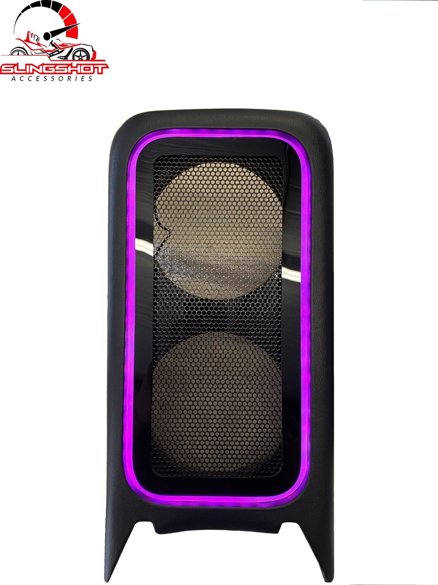 center console A speaker with a purple LED ring around its front grille.