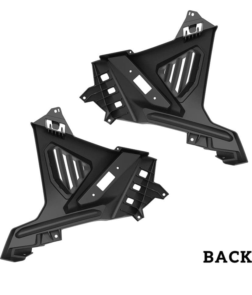 Pair of black plastic automotive mounting brackets labeled 'BACK'.