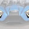 Futuristic blue vehicle with sleek angular design and illuminated accents.