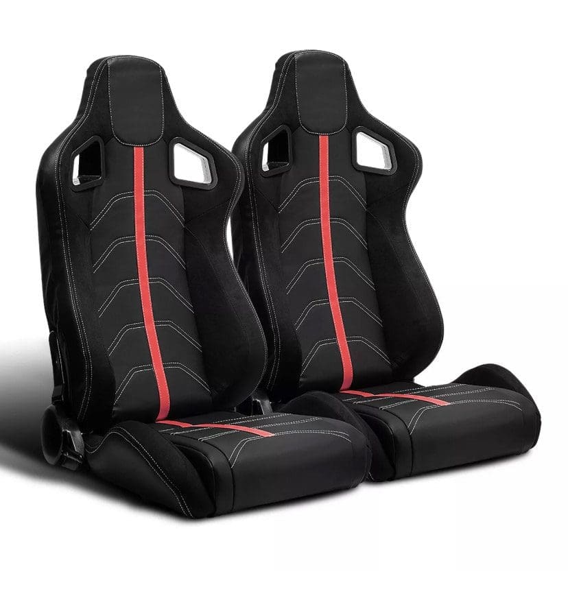 IMG_4764 Two black racing seats with red stripes and harness slots.