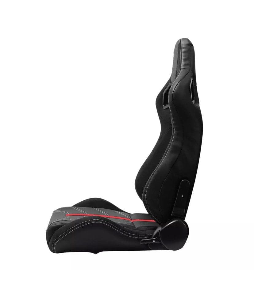 IMG_4766 Black ergonomic gaming chair with red accents and high backrest.