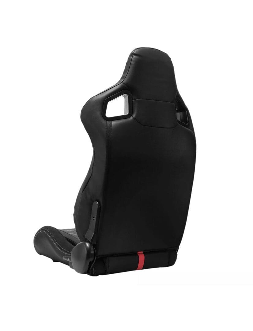 IMG_4767 Black ergonomic racing seat with a cutout and red accent.