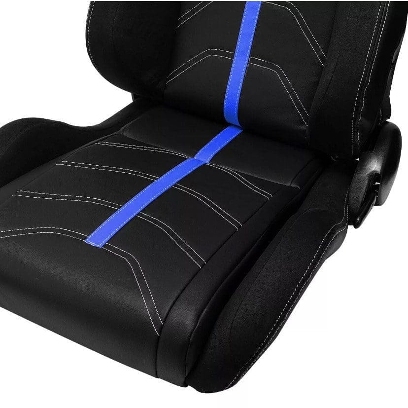 IMG_4773 Black car seat cover with a blue racing stripe down the center.