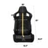 IMG_4774 Black racing-style seat with detailed dimensions marked in inches.