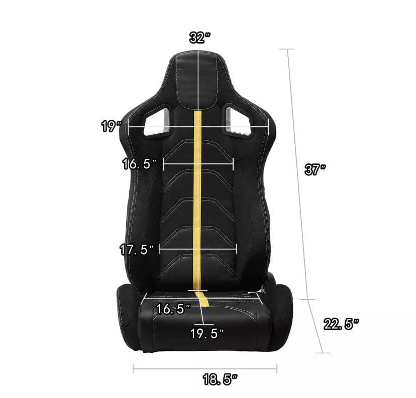 IMG_4774 Black racing-style seat with detailed dimensions marked in inches.