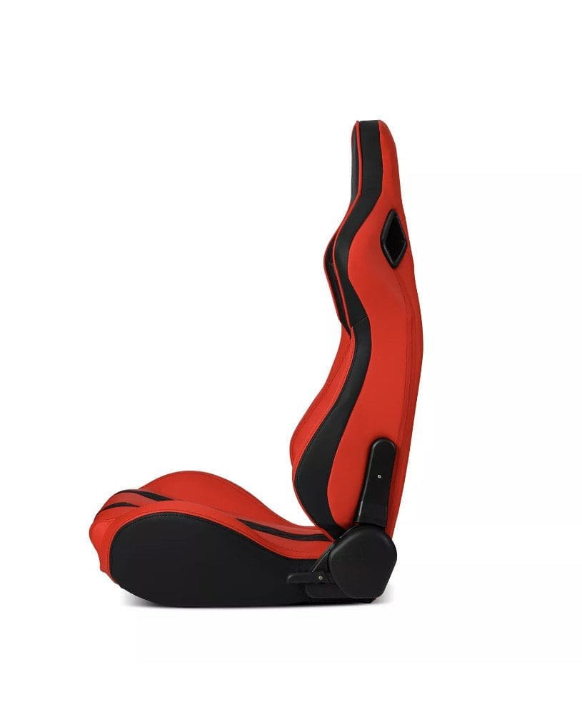 IMG_4956 Ergonomic red and black gaming chair seat with sleek design.