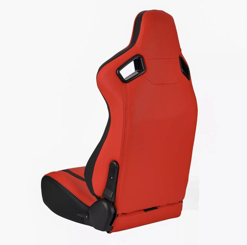 IMG_4957 Red and black racing-style car seat with ergonomic design.