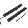 Black metal drawer slides with screws and accessories.