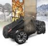 Car cover protecting a vehicle through all four seasons: rain, autumn, dust, and snow.