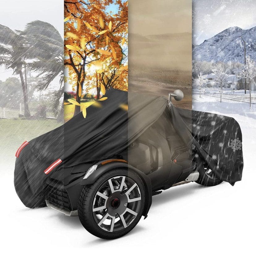 Car cover protecting a vehicle through all four seasons: rain, autumn, dust, and snow.