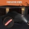 Black vehicle cover with 3 reflective strips for safety at night.