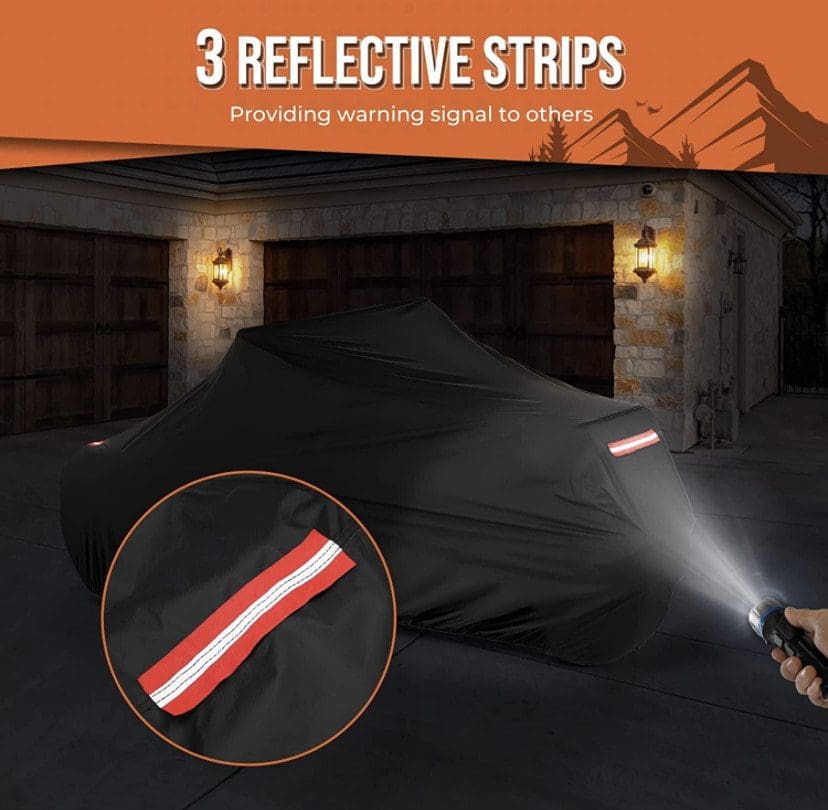 Black vehicle cover with 3 reflective strips for safety at night.