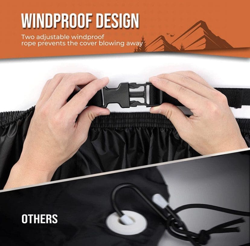 Close-up of hands buckling an adjustable windproof strap on a cover.