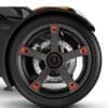 IMG_5041 Close-up of a black wheel with red accents and detailed spokes.