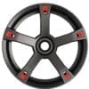IMG_5042 Black and red five-spoke wheel rim with a central hub.