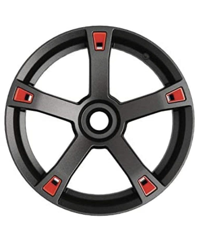 IMG_5042 Black and red five-spoke wheel rim with a central hub.