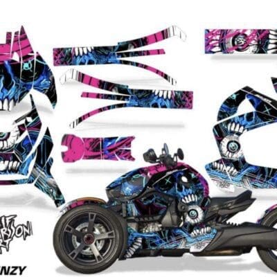 Colorful skull-themed decal kit for a motorcycle with neon pink, blue, and black design.
