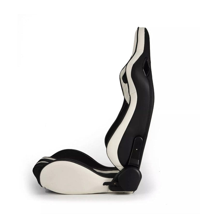 IMG_5200 Black and white ergonomic racing-style chair seat.